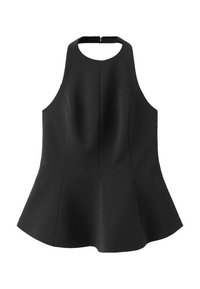 Black sleeveless top with a flared hem, high neckline, and zip closure at the back. Made of smooth, structured material.