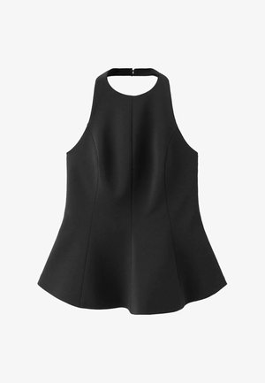 Black sleeveless top with a flared hem, high neckline, and zip closure at the back. Made of smooth, structured material.