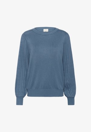 Blue knit sweater featuring long, ribbed sleeves, a round neckline, and a soft, smooth texture. Ideal for layering in cooler weather.