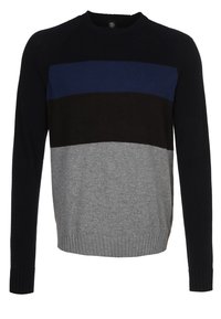 Pull pour homme en tissu doux ; présente des rayures horizontales bleu marine, brun foncé et gris clair. Col rond et poignets côtelés.
