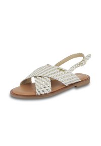 Woven sandals with a white and silver pattern, featuring a flat sole and a side buckle closure for adjustable fit.
