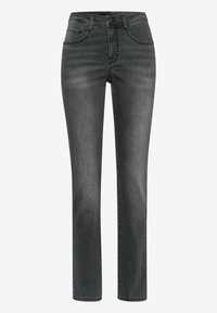 Dark grey jeans made of denim, featuring a straight leg cut, front pockets, a zip fly, and a reinforced waistband for durability.
