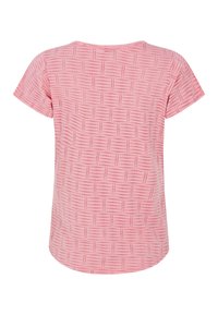 Camiseta de manga corta rosa con un patrón geométrico que presenta líneas y puntos pequeños. Tejido suave, cuello redondo y dobladillo curvado.