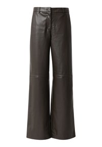 Brown leather wide-leg trousers with a high waist and seamless front. Features smooth texture and minimalistic design without pockets.