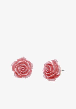 Orecchini a forma di rosa rosa realizzati in materiale lucido, con dettagliati design dei petali. Stile a perno con supporti in metallo per una vestibilità sicura.