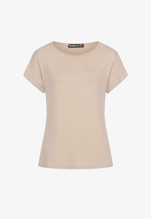 Beżowa koszulka z krótkim rękawem, wykonana z miękkiego materiału; cechuje się okrągłym dekoltem oraz luźnym krojem z podwiniętymi rękawami. Metka informuje "CLOUD 5IVE."