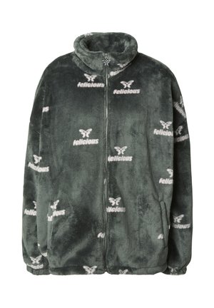 Kurtka polarowa na zamek w ciemnozielonym kolorze z białym napisem „felicious” i logo motyla, wyposażona w wysoki kołnierz i boczne kieszenie.