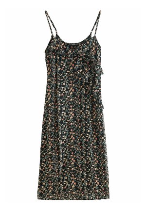 Czarna sukienka bez rękawów z cienkimi ramiączkami, falbanką na piersi i małym kwiatowym nadrukiem w odcieniach różu, kremu i zieleni.