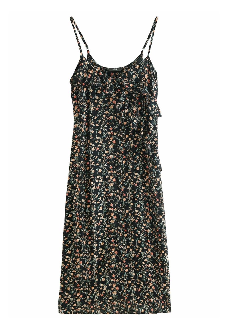 Robe noire sans manches avec fines bretelles, détail volanté sur la poitrine et petit imprimé floral rose, crème et vert.
