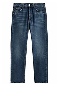 Mörkblå denimjeans med rak bendesign, fem fickor, knappgylf och subtila blekningar på framsidan.