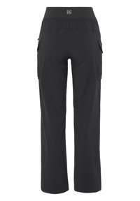 Schwarze Cargo-Hosen aus leichtem Stoff, mit einem breiten elastischen Bund und zwei seitlichen Cargo-Taschen. Gerade Bein-Design.