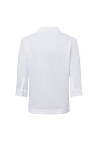 White linen shirt with a back collar, three-quarter sleeves, button detail at cuffs, and a smooth texture. Simple and classic design.