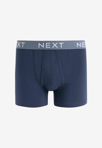 Dunkelblaue Baumwollboxershorts mit einem gemusterten Bund, der das Wort "NEXT" in Weiß zeigt. Mit einem funktionalen Eingriff gestaltet.