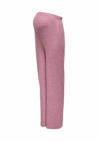 Pantalons en tricot côtelé rose avec une coupe droite, présentant une taille large et une texture subtile sur l'ensemble. La vue latérale met en avant les détails de conception.