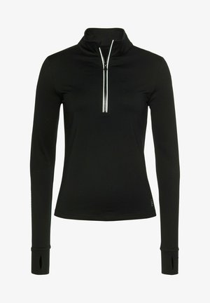 Black long-sleeve top made of stretchy fabric, featuring a zip neck and thumbholes in the cuffs. Smooth texture with a fitted design.