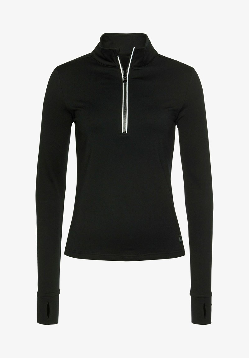 Schwarzes Langarmoberteil aus dehnbarem Material, mit einem Reißverschluss am Hals und Daumenlöchern in den Bündchen. Glatte Textur mit einer enganliegenden Passform.