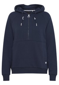 Navy blue hoodie with a zip front, kangaroo pocket, ribbed cuffs, and accent drawstrings. Made from soft, textured fabric.
