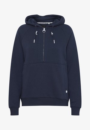 Marineblå hættejakke med lynlås fortil, kængurulomme, ribbet manchetter og dekorative snore. Fremstillet af blødt, struktureret materiale.
