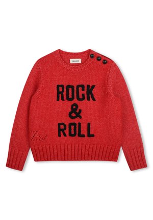 Κόκκινο πλεκτό πουλόβερ με μαύρο κείμενο "ROCK & ROLL" μπροστά και τρία μαύρα κουμπιά στον αριστερό ώμο.