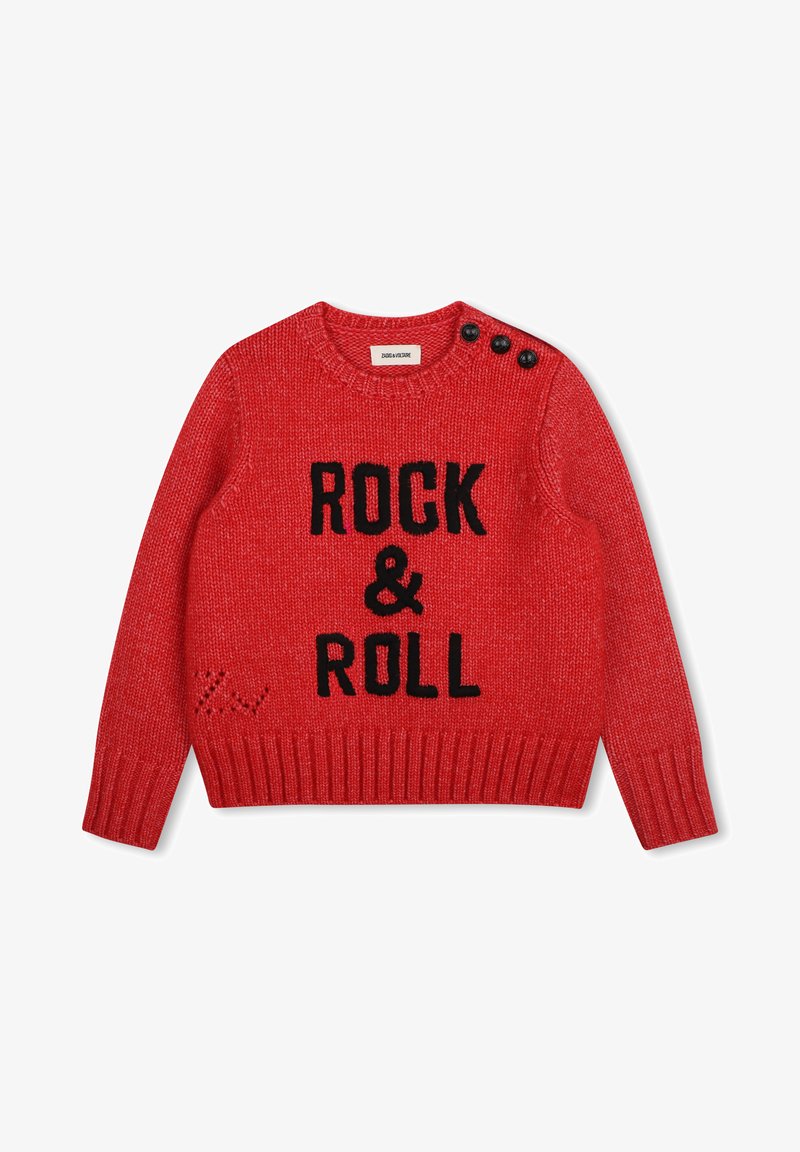 Κόκκινο πλεκτό πουλόβερ με μαύρο κείμενο "ROCK & ROLL" μπροστά και τρία μαύρα κουμπιά στον αριστερό ώμο.