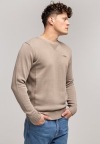 Beżowy sweter z dzianiny z okrągłym dekoltem, dopasowanymi ściągaczami przy mankietach i na pasie. Posiada subtelne logo na piersi.