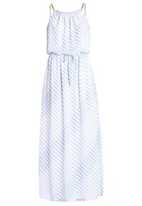 Abito maxi bianco con motivo a griglia diagonale blu, vita regolabile con cordino e spalline in catena dorata.