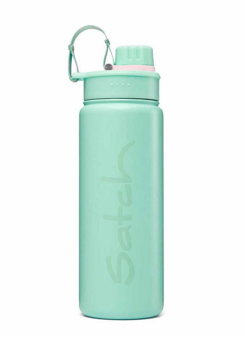 Mintgrüne Edelstahl-Wasserflasche mit Schraubverschluss, integriertem Griff und geprägt Logo. Glatte Textur und zylindrische Form.