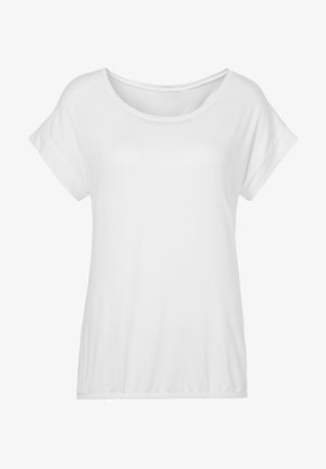 T-shirt blanc à manches courtes avec une coupe décontractée, col rond et ourlet froncé. Fabriqué en tissu doux et léger avec une texture lisse.