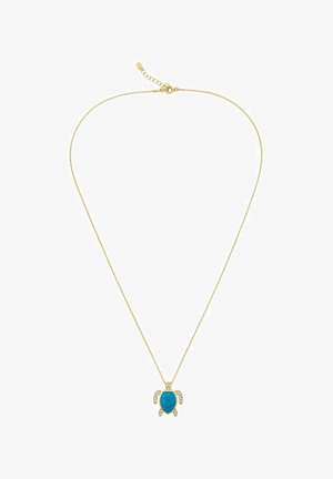Collier délicat en chaîne d'or avec un pendentif en forme de tortue, orné d'un centre turquoise et de petites pierres claires délimitant la tortue.