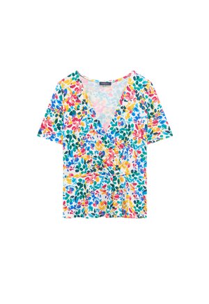 Blusenshirt mit floralem Muster und kurzem Arm, V-Ausschnitt, mit einem bunten Druck in Rosa, Gelb und Grün auf einem weißen Hintergrund. Weicher Stoff, lockere Passform.