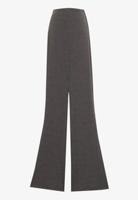 Pantalons large à côtes en gris foncé. Design taille haute avec une texture douce. Style long jusqu'au sol avec une coupe ample et sans matériel visible.