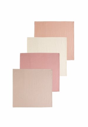 Négy db helyezőtálca lágy színekben: poros rózsaszín, világos rózsaszín, tört fehér és bézs. Texturált anyag, téglalap alakú, rendezett elrendezés.
