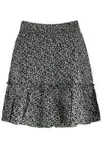 Černá sukně s bílým květinovým vzorem, vybavená volánkovým lemem a elastickým pasem pro pohodlí. Měkká, lehká tkanina.