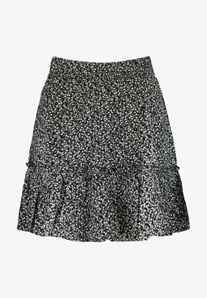 Gonna nera con un motivo floreale bianco, caratterizzata da un orlo a balze svasato e una vita elastica per il massimo comfort. Tessuto morbido e leggero.