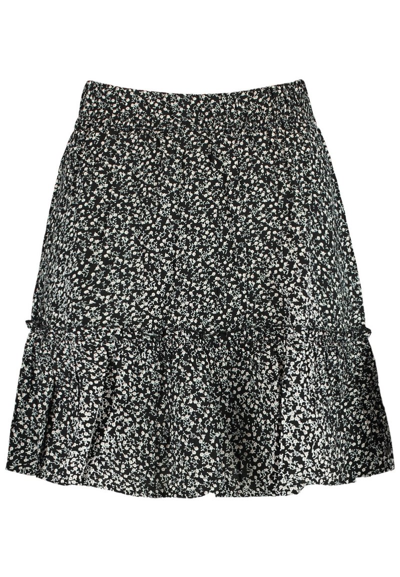 Černá sukně s bílým květinovým vzorem, vybavená volánkovým lemem a elastickým pasem pro pohodlí. Měkká, lehká tkanina.