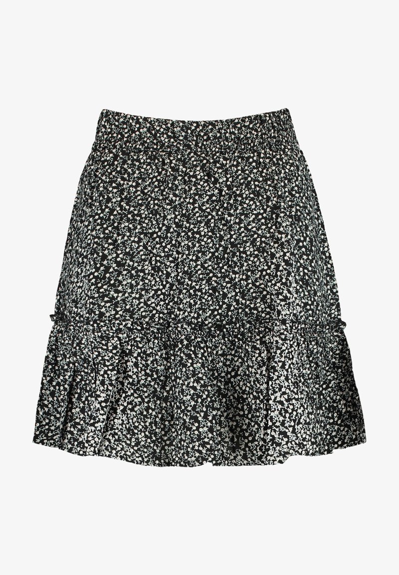 Černá sukně s bílým květinovým vzorem, vybavená volánkovým lemem a elastickým pasem pro pohodlí. Měkká, lehká tkanina.