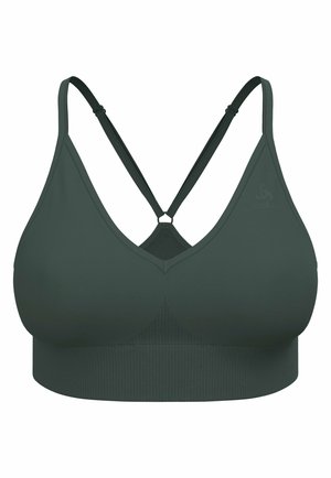 Top sportivo verde scuro con fascia sotto il petto a costine e spalline sottili incrociate regolabili davanti.