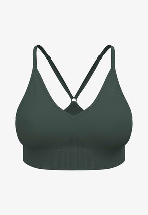 Top sportivo verde scuro con fascia sotto il petto a costine e spalline sottili incrociate regolabili davanti.