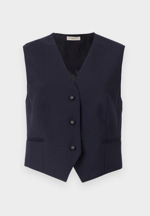 Colete sem mangas azul-marinho feito de tecido suave. Apresenta um decote em V profundo, cinco botões e dois bolsos horizontais com discretos detalhes de costura.
