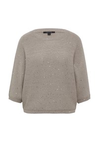 Jasno beżowy sweter dzianinowy z krótkimi rękawami, ozdobiony srebrnymi cekinami rozrzuconymi po powierzchni. Okrągły dekolt i elastyczne wykończenie dołu.