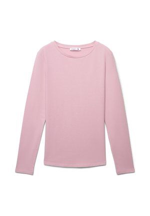 Różowa koszulka z długim rękawem i okrągłym dekoltem, wykonana z miękkiej bawełny, o dopasowanym kroju oraz z prążkowanym wykończeniem na dole i mankietach.