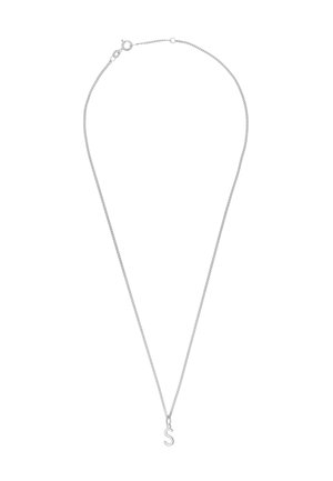 Silver chain necklace with a delicate, fine link design. Features a small, cursive 'S' pendant at the center, adding a subtle accent.