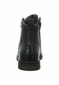 Black leather ankle boot with a textured gray interior, side zipper, stitched detailing, and a rubber sole with ridges.