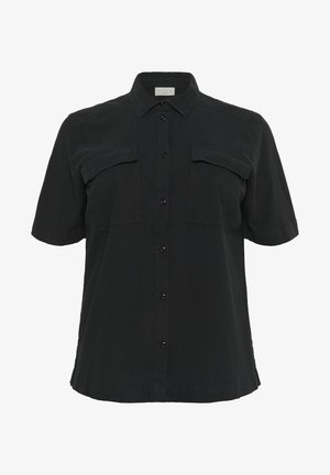 Chemise noire à manches courtes avec un devant à boutons, deux poches poitrine et un col classique. Fabriquée en tissu léger avec une texture lisse.