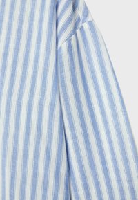 Light blue and white vertically striped long sleeve shirt fabric showing shoulder and upper sleeve details.