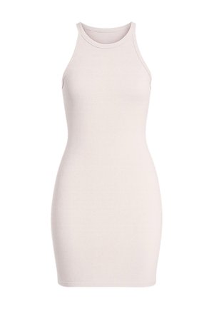 Sleeveless, fitted ribbed mini dress in light beige with a high neckline and smooth texture.