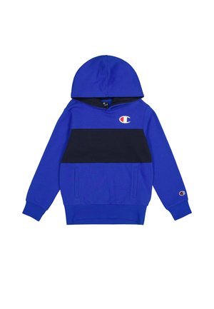 Hoodie bleu avec une bande horizontale bleu foncé sur la poitrine, présentant une poche frontale et un logo sur la gauche. Tissu doux, manches longues.