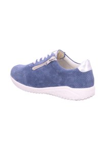 Blue suede sneaker with perforated texture, white rubber sole, and silver accents; features lace and zipper closures.