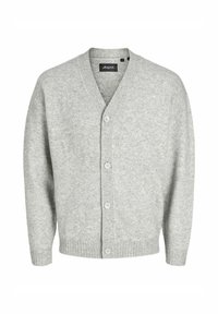 Lysegrå cardigan lavet af blødt strikstof med V-udskæring, fem knapper ned foran samt ribbede manchetter og kant.