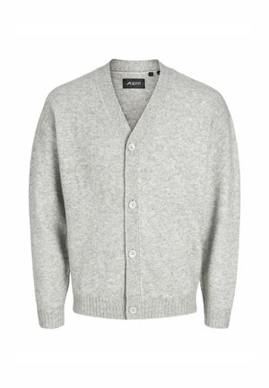 Hellgrauer Cardigan aus weichem Strickstoff mit V-Ausschnitt, fünf Knöpfen an der Vorderseite sowie gerippten Bündchen und Saum.